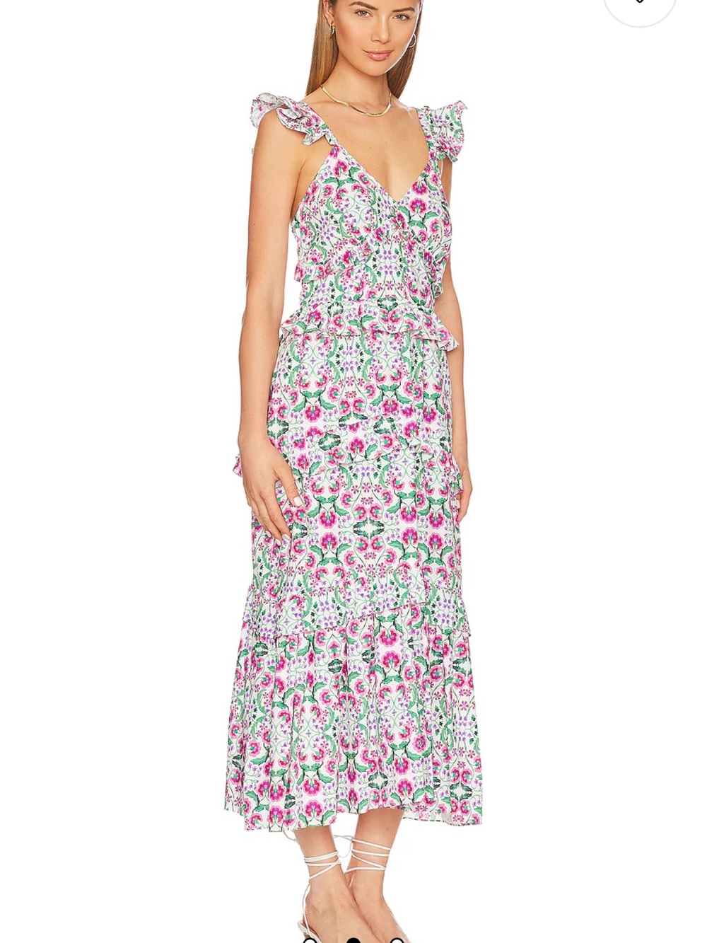 Revolve Misa Floral Pink & Green Ruffled Maxi Dress